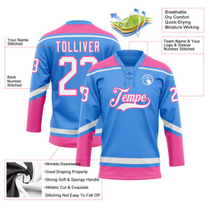 Custom Electric Blue White-Pink Hockey Lace Neck Jersey