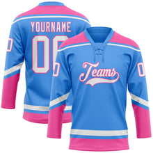 Laden Sie das Bild in den Galerie-Viewer, Custom Electric Blue White-Pink Hockey Lace Neck Jersey
