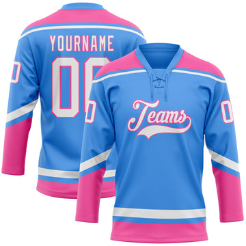 Custom Electric Blue White-Pink Hockey Lace Neck Jersey