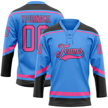 Laden Sie das Bild in den Galerie-Viewer, Custom Electric Blue Pink-Black Hockey Lace Neck Jersey
