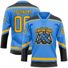 Load image into Gallery viewer, Custom Electric Blue Gold-Black Hockey Lace Neck Jersey
