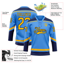 Load image into Gallery viewer, Custom Electric Blue Gold-Navy Hockey Lace Neck Jersey
