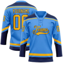 Load image into Gallery viewer, Custom Electric Blue Gold-Navy Hockey Lace Neck Jersey
