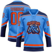 Load image into Gallery viewer, Custom Electric Blue Orange-Navy Hockey Lace Neck Jersey
