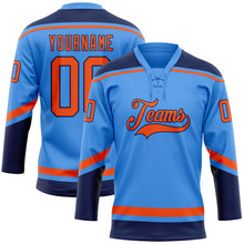 Laden Sie das Bild in den Galerie-Viewer, Custom Electric Blue Orange-Navy Hockey Lace Neck Jersey

