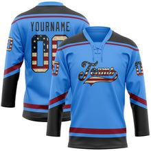 Load image into Gallery viewer, Custom Electric Blue Vintage USA Flag Black-Maroon Hockey Lace Neck Jersey
