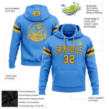 Custom Stitched Electric Blue Gold-Black Football Pullover Sweatshirt Hoodie