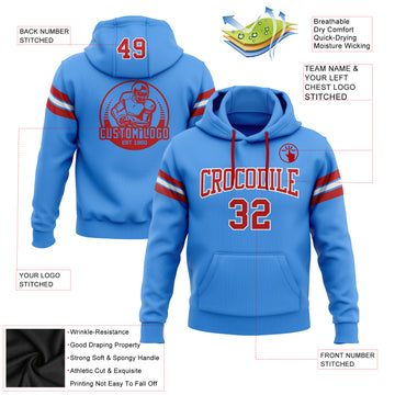 Custom Stitched Electric Blue Red-White Football Pullover Sweatshirt Hoodie