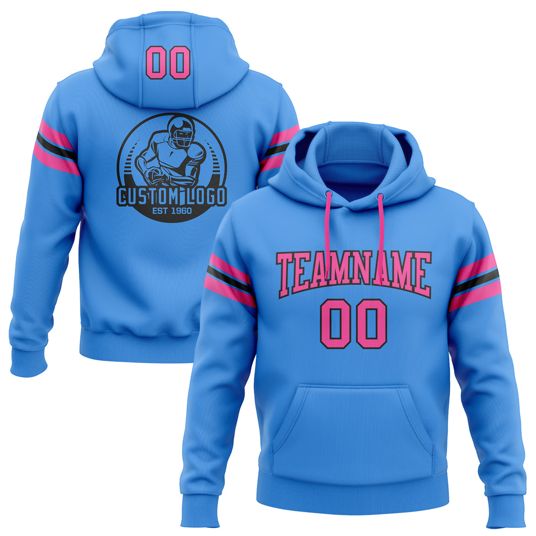 Custom Stitched Electric Blue Pink-Black Football Pullover Sweatshirt Hoodie