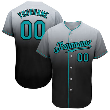 Custom Gray Teal-Black Authentic Fade Fashion Baseball Jersey