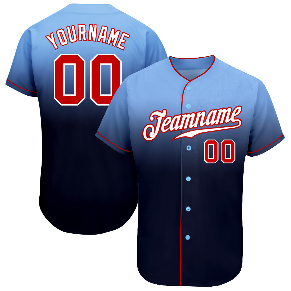 light blue and red baseball jersey