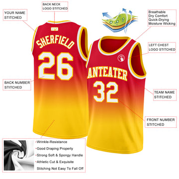 Custom Red White-Gold Authentic Fade Fashion Basketball Jersey