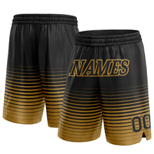 Laden Sie das Bild in den Galerie-Viewer, Custom Black Old Gold Pinstripe Fade Fashion Authentic Basketball Shorts
