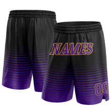 Load image into Gallery viewer, Custom Black Purple-Old Gold Pinstripe Fade Fashion Authentic Basketball Shorts
