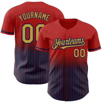 Custom Red Pinstripe Old Gold-Navy Authentic Fade Fashion Baseball Jersey