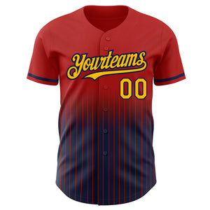 Custom Red Pinstripe Gold-Navy Authentic Fade Fashion Baseball Jersey