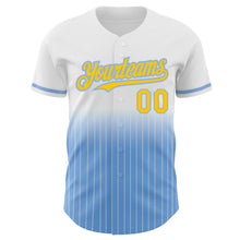 Load image into Gallery viewer, Custom White Pinstripe Yellow-Light Blue Authentic Fade Fashion Baseball Jersey
