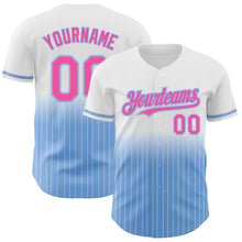 Load image into Gallery viewer, Custom White Pinstripe Pink-Light Blue Authentic Fade Fashion Baseball Jersey
