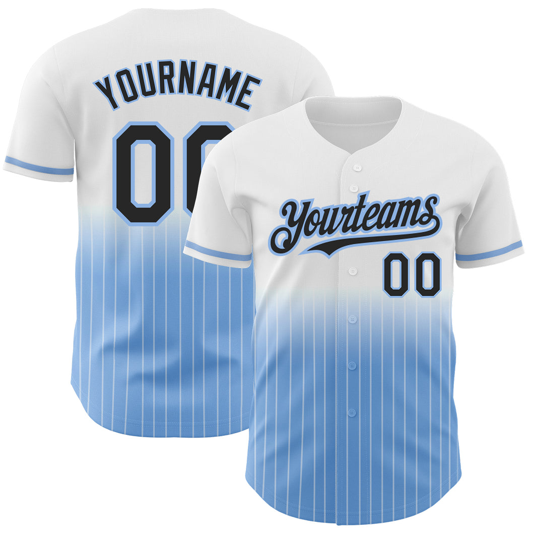 Custom White Pinstripe Black-Light Blue Authentic Fade Fashion Baseball Jersey