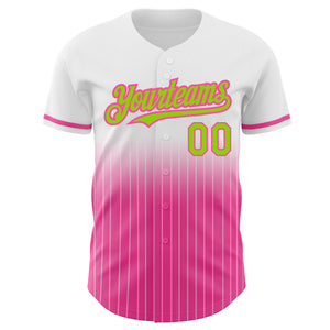 Custom White Pinstripe Neon Green-Pink Authentic Fade Fashion Baseball Jersey