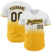 Load image into Gallery viewer, Custom White Pinstripe Navy-Gold Authentic Fade Fashion Baseball Jersey
