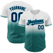 Load image into Gallery viewer, Custom White Pinstripe Navy-Teal Authentic Fade Fashion Baseball Jersey
