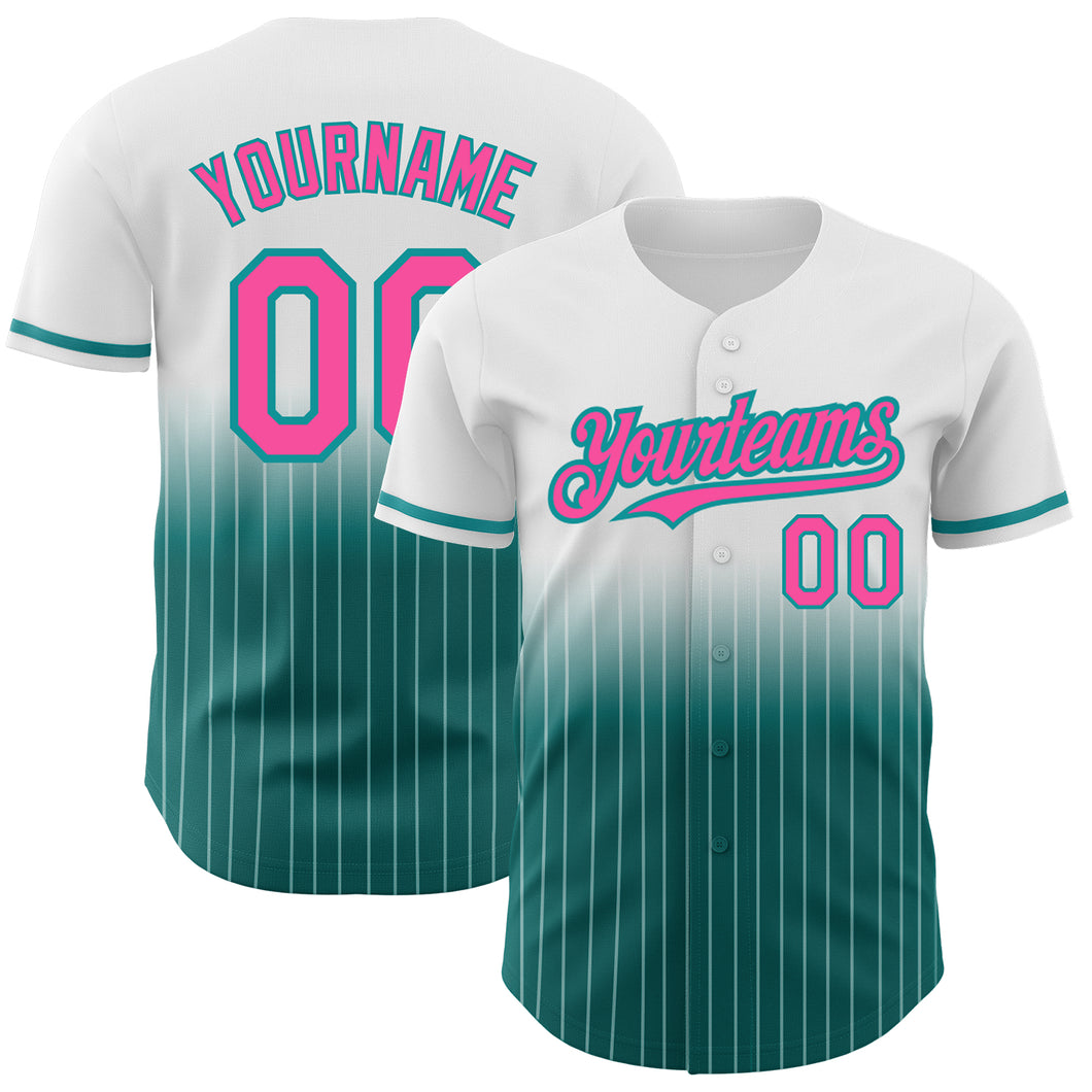 Custom White Pinstripe Pink-Teal Authentic Fade Fashion Baseball Jersey