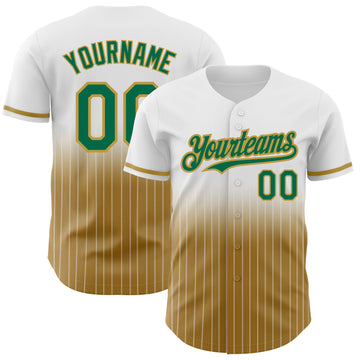 Custom White Pinstripe Kelly Green-Old Gold Authentic Fade Fashion Baseball Jersey