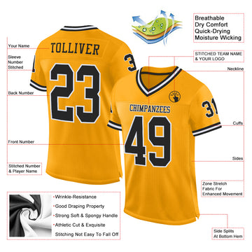 Custom Gold Black-White Mesh Authentic Throwback Football Jersey