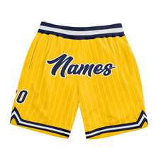Load image into Gallery viewer, Custom Gold White Pinstripe Navy-White Authentic Basketball Shorts

