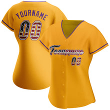 Load image into Gallery viewer, Custom Gold Vintage USA Flag-Purple Authentic Baseball Jersey
