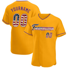 Load image into Gallery viewer, Custom Gold Vintage USA Flag-Purple Authentic Baseball Jersey
