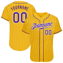 Load image into Gallery viewer, Custom Yellow Purple Pinstripe Purple-White Authentic Baseball Jersey
