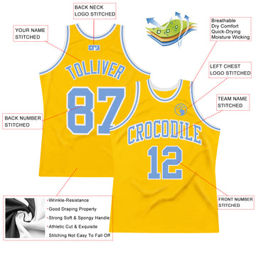 Custom Gold Light Blue-White Authentic Throwback Basketball Jersey