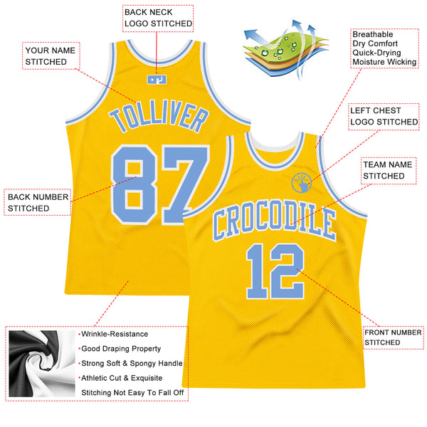Custom Light Blue White-Gold Authentic Throwback Basketball Jersey