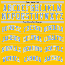 Load image into Gallery viewer, Custom Gold Light Blue-White Authentic Throwback Basketball Jersey
