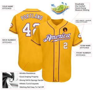 Custom Gold White-Purple Authentic Baseball Jersey