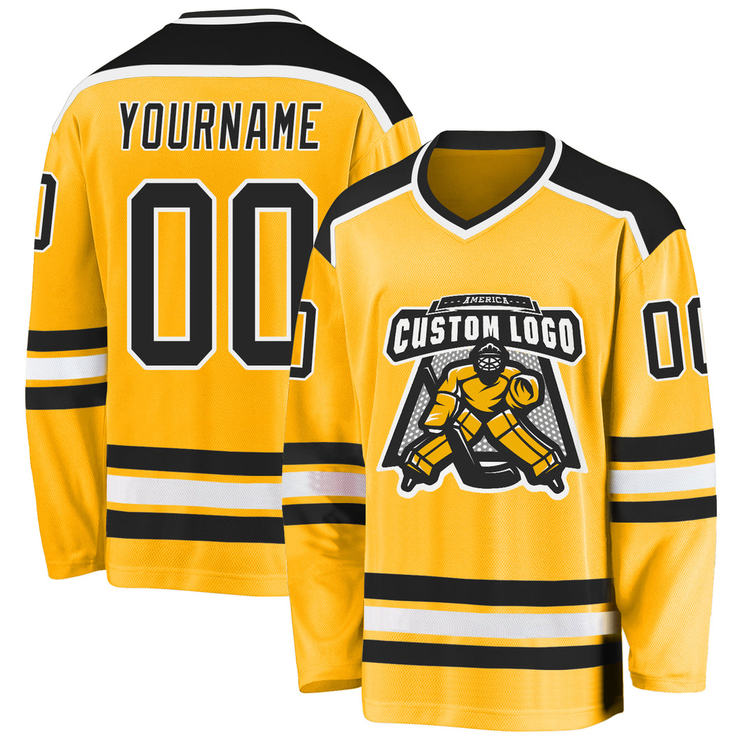 Custom Gold Black-White Hockey Jersey