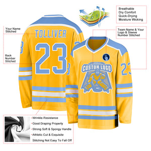 Custom Gold Light Blue-White Hockey Jersey