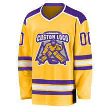 Load image into Gallery viewer, Custom Gold Purple-White Hockey Jersey
