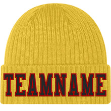 Load image into Gallery viewer, Custom Gold Black-Red Stitched Cuffed Knit Hat
