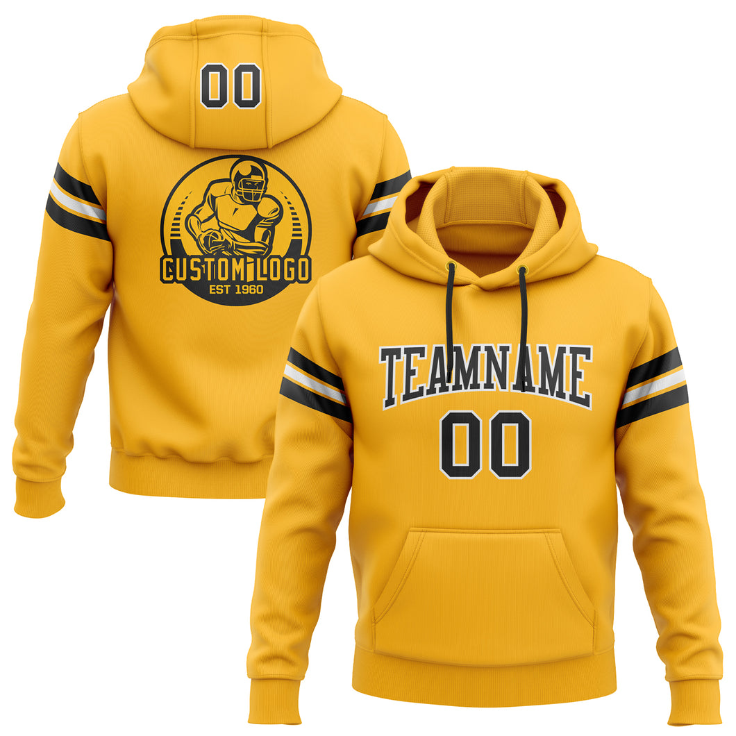 Custom Stitched Gold Black-White Football Pullover Sweatshirt Hoodie