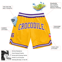 Laden Sie das Bild in den Galerie-Viewer, Custom Gold Purple-White Authentic Throwback Basketball Shorts
