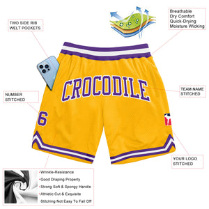 Custom Gold Purple-White Authentic Throwback Basketball Shorts