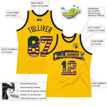 Load image into Gallery viewer, Custom Gold Vintage USA Flag-Black Authentic Throwback Basketball Jersey
