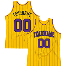 Laden Sie das Bild in den Galerie-Viewer, Custom Gold Black Pinstripe Purple Authentic Basketball Jersey
