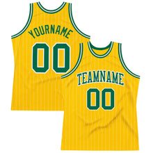 Laden Sie das Bild in den Galerie-Viewer, Custom Gold White Pinstripe Kelly Green Authentic Basketball Jersey
