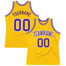 Laden Sie das Bild in den Galerie-Viewer, Custom Gold White Pinstripe Purple Authentic Basketball Jersey
