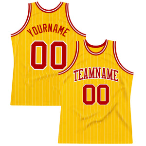 Custom Gold White Pinstripe Red Authentic Basketball Jersey