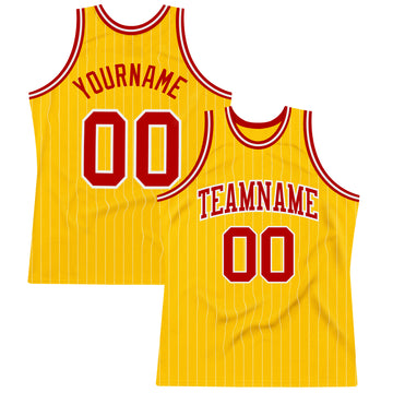 Custom Gold White Pinstripe Red Authentic Basketball Jersey